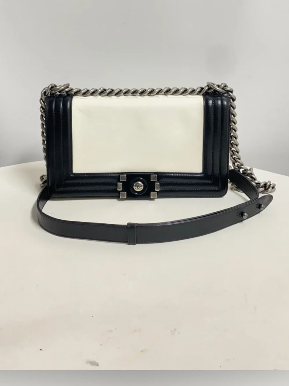 CHANEL Black and White Leather Chain Le Boy Bag